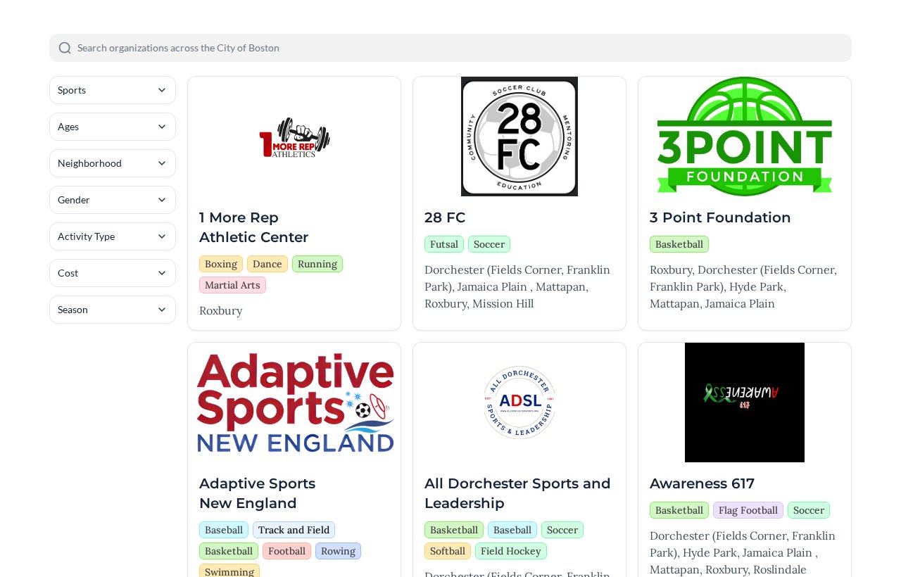 Actual Boston Youth Sports Directory with filters and organization listings