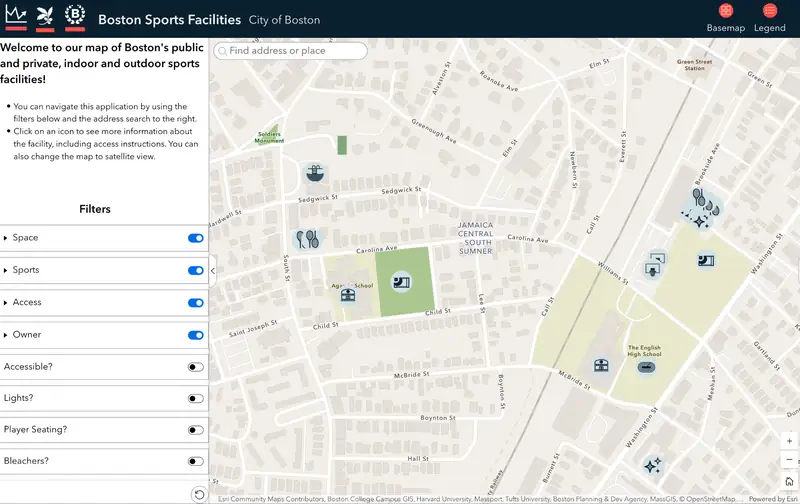 Boston Sports Facilities map centered on Jamaica Plain, with facility markers and filters for space, sport, access, owner, and accessibility